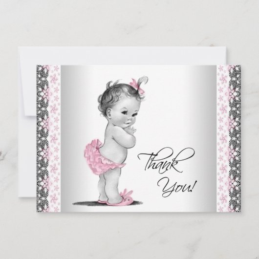 ピンクヴィンテージベビーガールありがとう サンキューカード (正面)