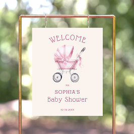 ピンクヴィンテージベビーキャリッジベビーシャワーへようこそ ポスター