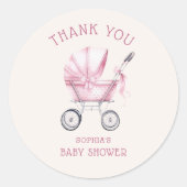 ピンクヴィンテージベビーキャリッジベビーシャワー ラウンドシール (正面)