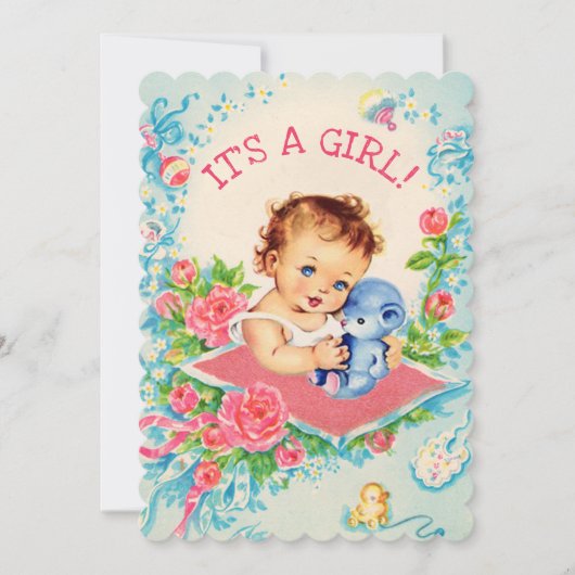 ピンクヴィンテージベビー&バラベビーシャワー招待状 招待状 (正面)