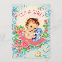 ピンクヴィンテージベビー&バラベビーシャワー招待状