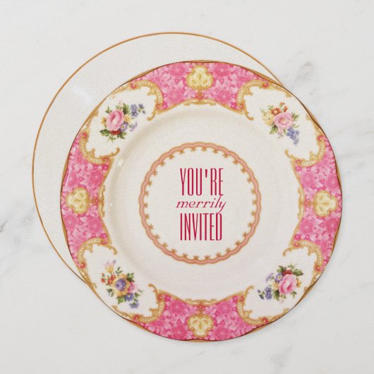 ピンクヴィンテージホリデーイングリッシュティーパーティの招待状 招待状 (正面/裏面)