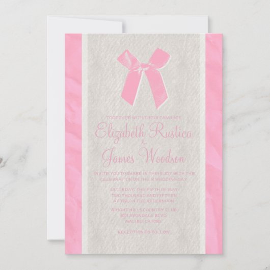 ピンクヴィンテージボウ&リネン結婚式招待状 招待状 (正面)