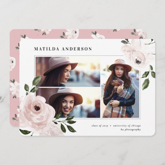 ピンクヴィンテージボーホフローラ数々の写真卒業 案内状 (正面/裏面)