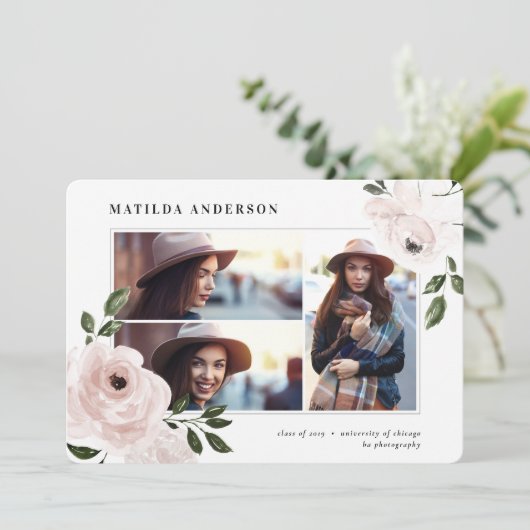 ピンクヴィンテージボーホフローラ数々の写真卒業 案内状 (スタンド正面)