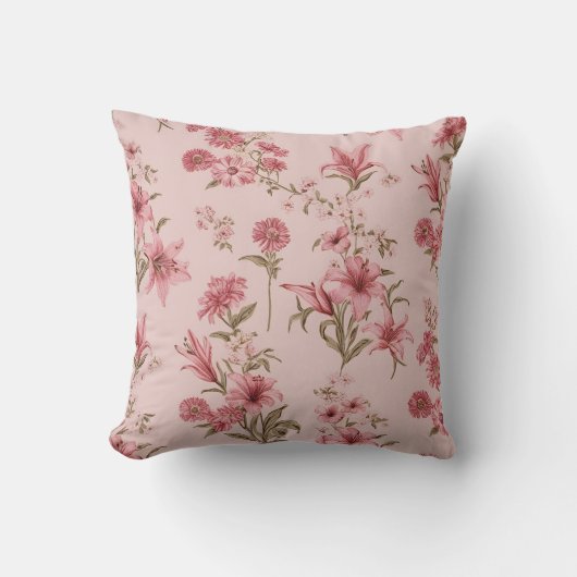 ピンクヴィンテージユリフローラコテージコア クッション (正面)