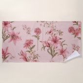 ピンクヴィンテージユリフローラコテージコア ビーチタオル (正面)