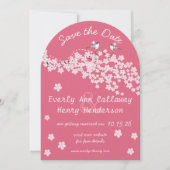 ピンクヴィンテージラブバードさくらんぼ花 招待状 (正面)
