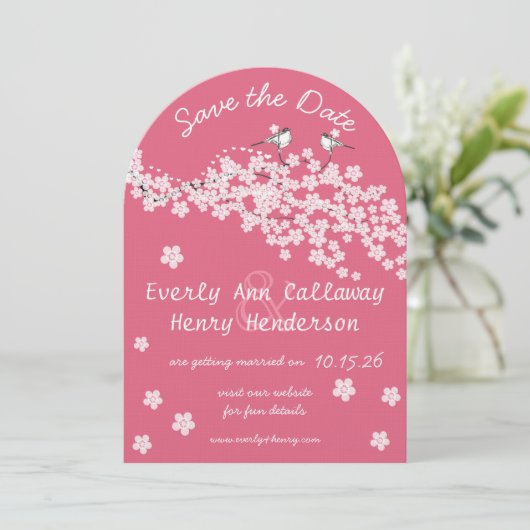 ピンクヴィンテージラブバードさくらんぼ花 招待状 (スタンド正面)