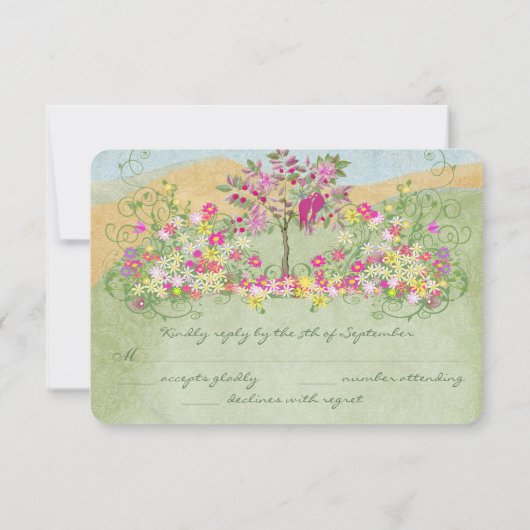 ピンクヴィンテージラブバードフラワースワールウェディングRSVP 出欠カード (裏面)