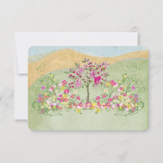 ピンクヴィンテージラブバードフラワースワールウェディングRSVP 出欠カード (正面)