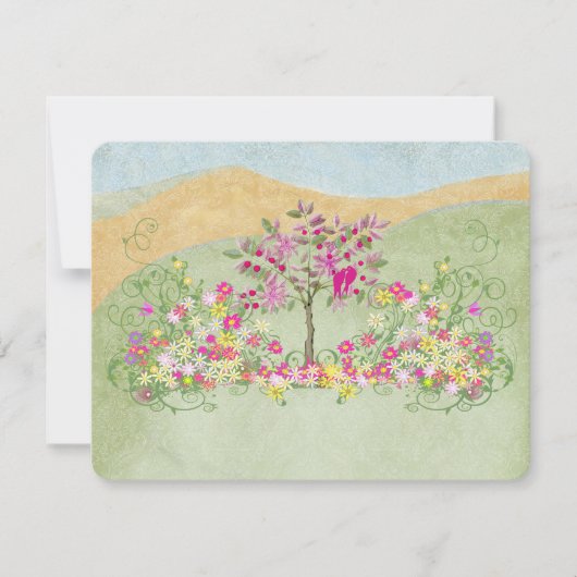 ピンクヴィンテージラブバードフラワースワールウェディングRSVP 出欠カード (正面)