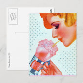 ピンクヴィンテージレトロ1930の女の子ミルクシェイクを飲む ポストカード (正面/裏面)