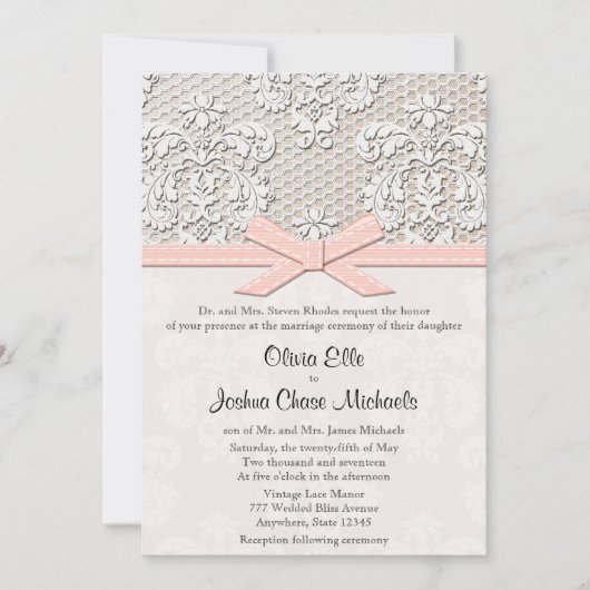 ピンクヴィンテージレースとパールグラマー結婚ズ 招待状 (正面)