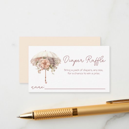 ピンクヴィンテージ傘赤ちゃんシャワーおむつラッフル エンクロージャーカード (正面/裏面インサイチュ)