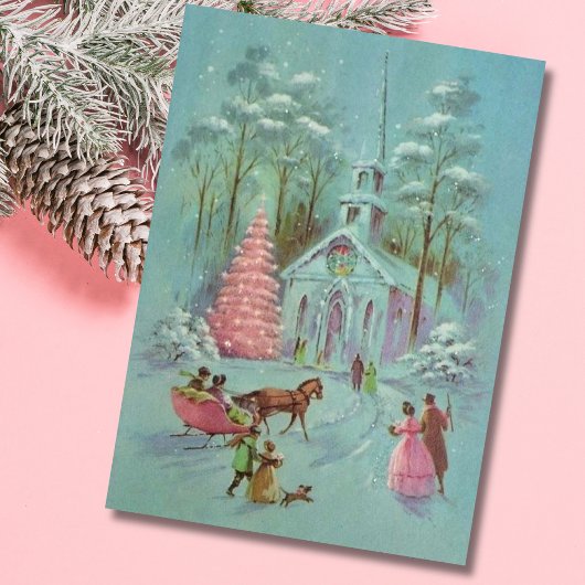 ピンクヴィンテージ冬クリスマスチャーチ シーズンカード