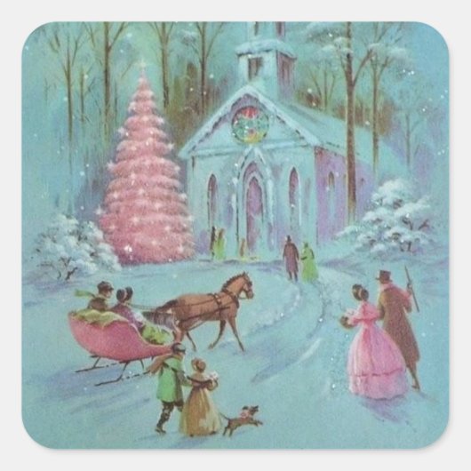 ピンクヴィンテージ冬クリスマスチャーチ スクエアシール (正面)