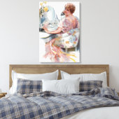 ピンクヴィンテージ女性水彩傾向ポートレート キャンバスプリント (インサイチュ (寝室))