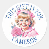 ピンクヴィンテージ小さな女の子クリスマスギフトラベル ラウンドシール (正面)