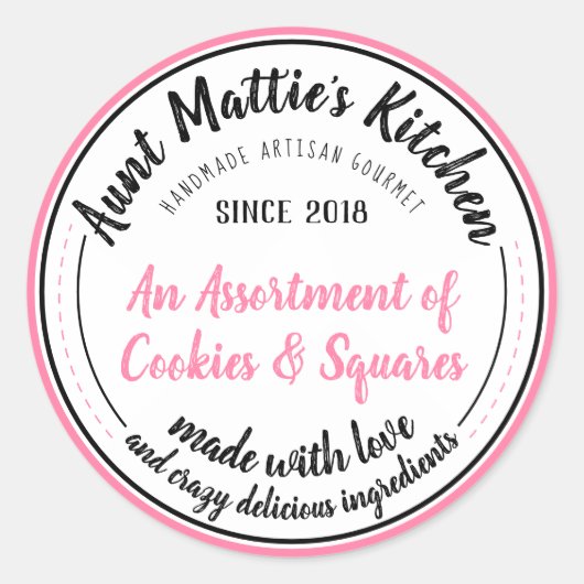 ピンクヴィンテージ手作り職人グルメフードラベル ラウンドシール (正面)