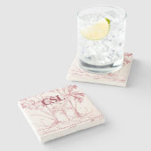 ピンクヴィンテージ植物芸術モノグラム ストーンコースター (横)