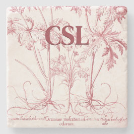 ピンクヴィンテージ植物芸術モノグラム ストーンコースター