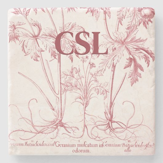 ピンクヴィンテージ植物芸術モノグラム ストーンコースター (正面)