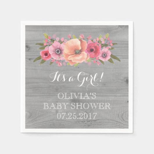 ピンクヴィンテージ水彩フローラウッドベビーシャワー スタンダードカクテルナプキン (正面)