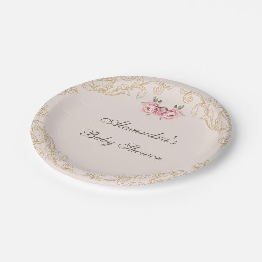 ピンクヴィンテージ牡丹ロココフラワーベビーシャワー ペーパープレート (アングル)