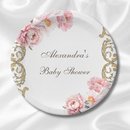 ピンクヴィンテージ牡丹ロココフローラベビーシャワー ペーパープレート