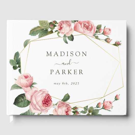 ピンクヴィンテージ結婚バラ ゲストブック (正面)