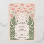 ピンクヴィンテージ結婚フローラバラ金ゴールド 箔招待状 (正面)