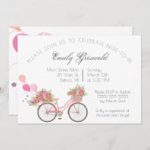 ピンクヴィンテージ自転車フローラブライダルシャワー 招待状 (正面/裏面)