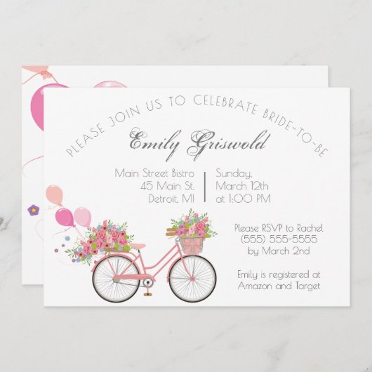 ピンクヴィンテージ自転車フローラブライダルシャワー 招待状 (正面/裏面)