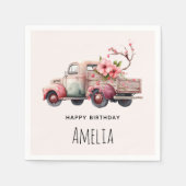 ピンクヴィンテージ農家トラック誕生日 スタンダードカクテルナプキン (正面)