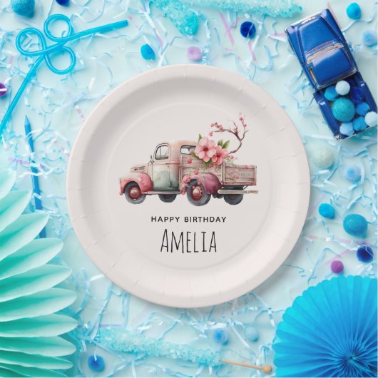 ピンクヴィンテージ農家トラック誕生日 ペーパープレート (パーティー)