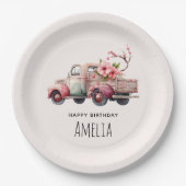 ピンクヴィンテージ農家トラック誕生日 ペーパープレート (正面)