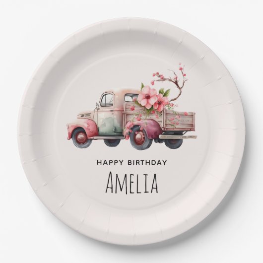 ピンクヴィンテージ農家トラック誕生日 ペーパープレート (正面)
