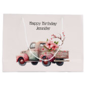 ピンクヴィンテージ農家トラック誕生日 ラージペーパーバッグ (裏面)