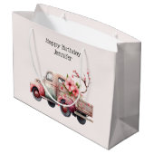 ピンクヴィンテージ農家トラック誕生日 ラージペーパーバッグ (裏面アングル)