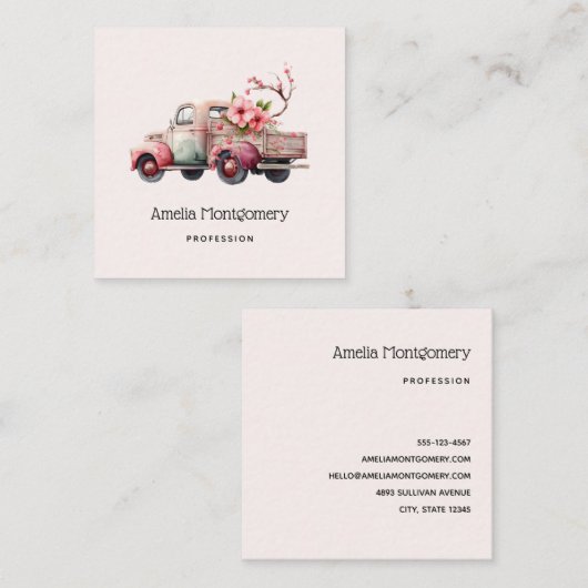 ピンクヴィンテージ農家トラック スクエア名刺 (正面/裏面)