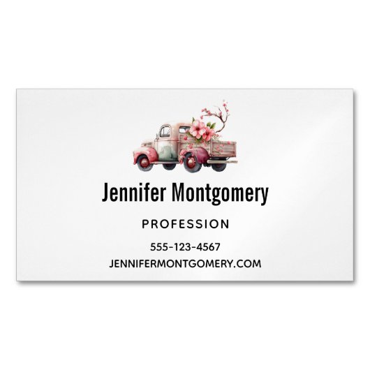 ピンクヴィンテージ農家トラック マグネット名刺 (正面)