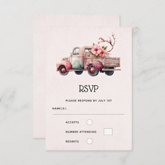 ピンクヴィンテージ農家結婚のトラック 出欠カード (正面/裏面)