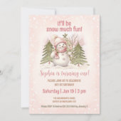 ピンクヴィンテージ雪だるまガール冬1st誕生日 招待状 (正面)