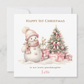 ピンクヴィンテージ雪だるまガール初めてのクリスマスカード カード (正面)