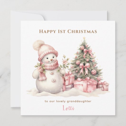 ピンクヴィンテージ雪だるまガール初めてのクリスマスカード カード (正面)