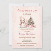 ピンクヴィンテージ雪だるまクリスマスガールベビーシャワー 招待状 (正面)