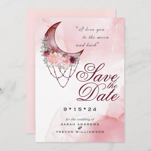 ピンク三日月の写真の日付を保存 招待状 (正面/裏面)