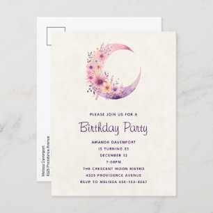 ピンク三日月花かわいらし誕生日 インビテーションポストカード