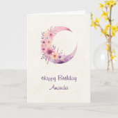 ピンク三日月花かわいらし誕生日 カード (黄色い花)